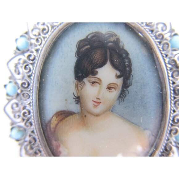Antique miniature watercolour portrait brooch in 800 silver frame - Picture 3 of 10